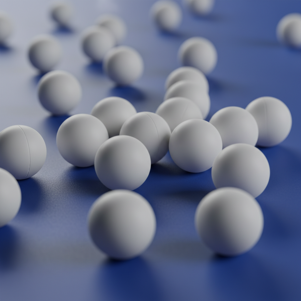 Verschiedene Tischtennisbälle in weiß und orange auf einer blauen Tischtennisplatte