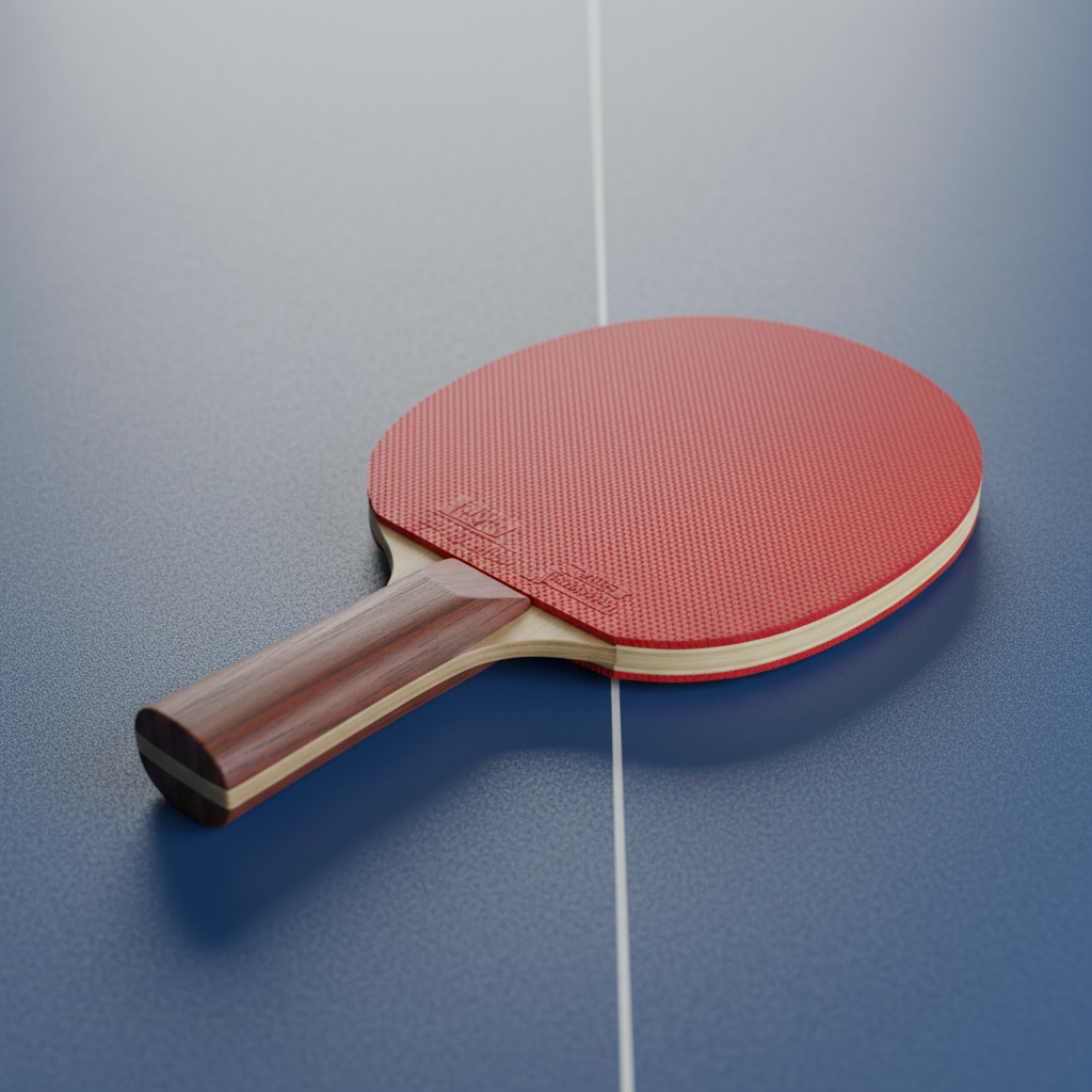 Tischtennisschläger mit verschiedenen Belägen und Griffformen auf einem Tischtennistisch