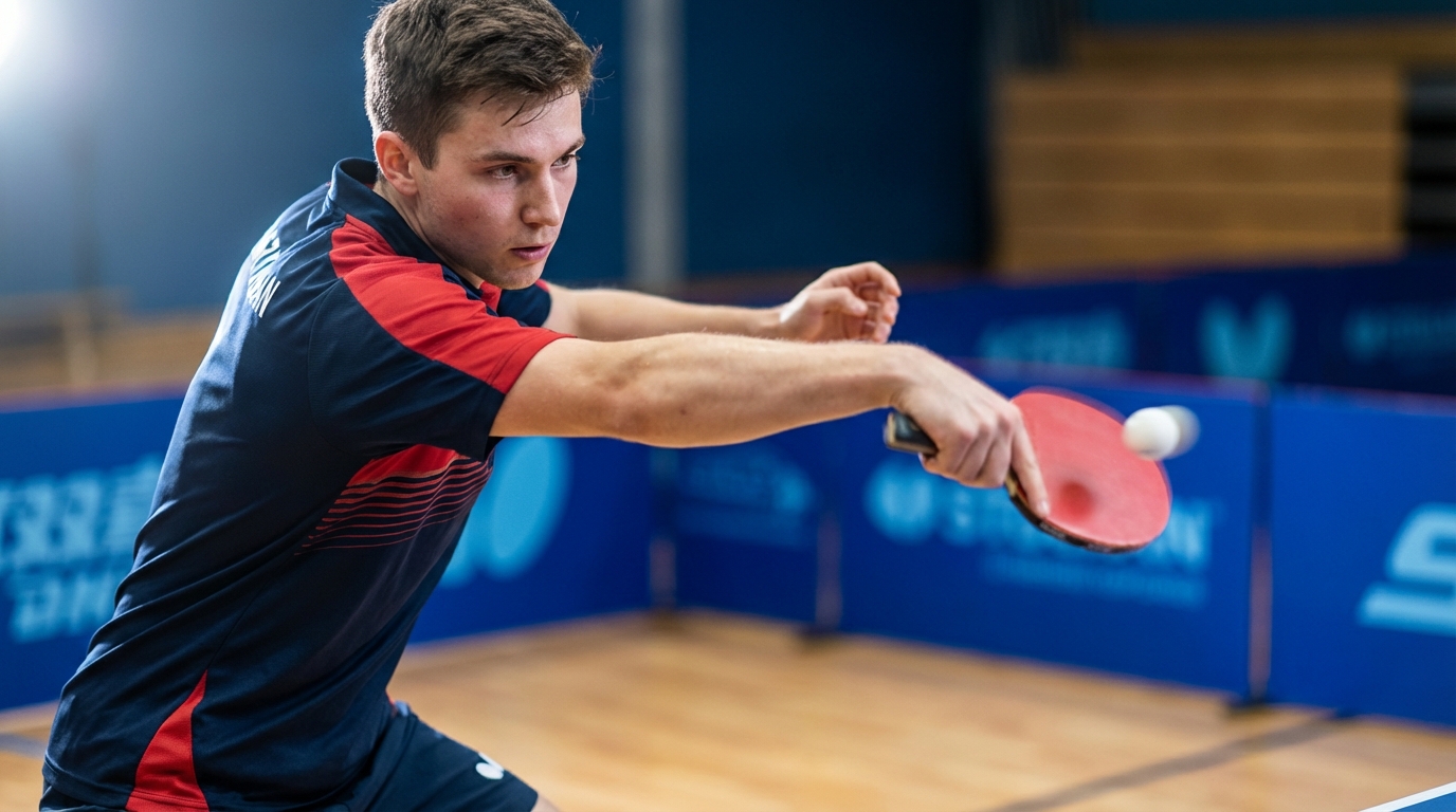 Tischtennisspieler führt einen Vorhand-Topspin am Tischtennistisch aus