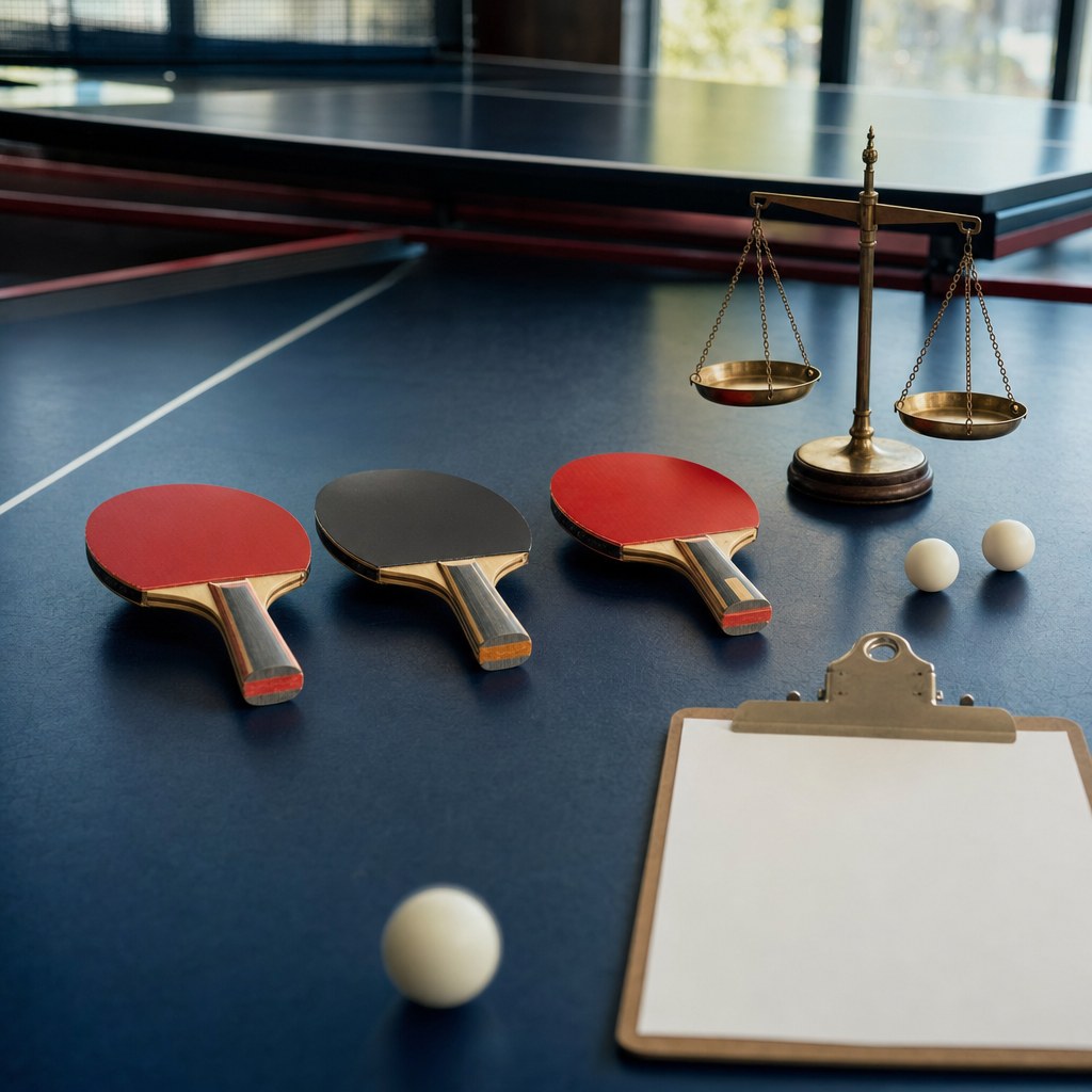 Drei Tischtennisschläger mit roten und schwarzen Belägen nebeneinander zum Vergleich auf einem Hallenboden