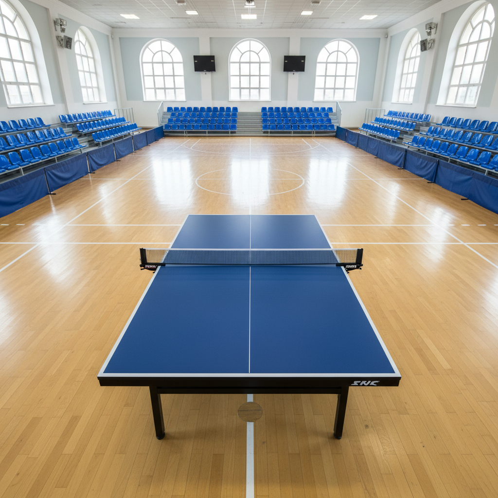 Blaue Tischtennisplatte in einer Sporthalle mit Netz und Schlägern