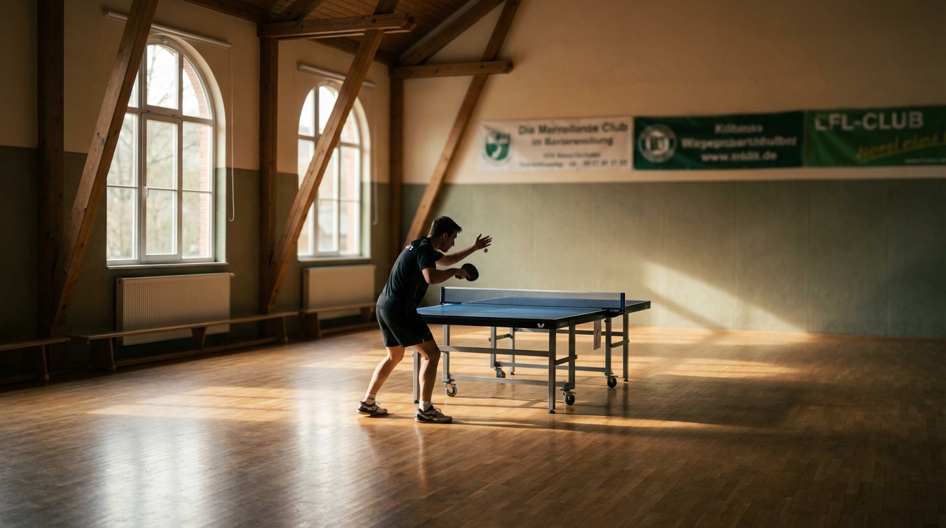 Tischtennisspieler trainieren in einem deutschen Vereinsheim