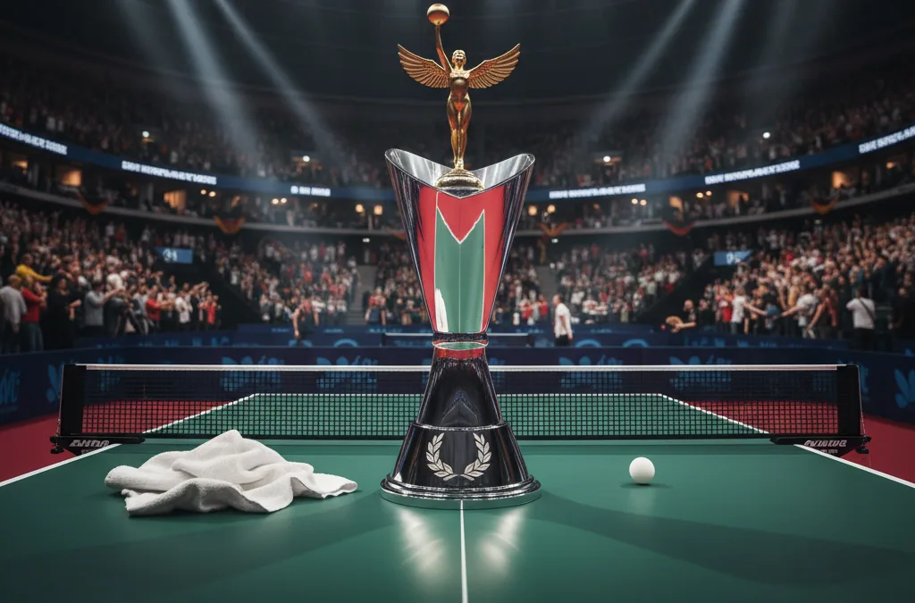 Tischtennistisch und Pokal in einer Arena